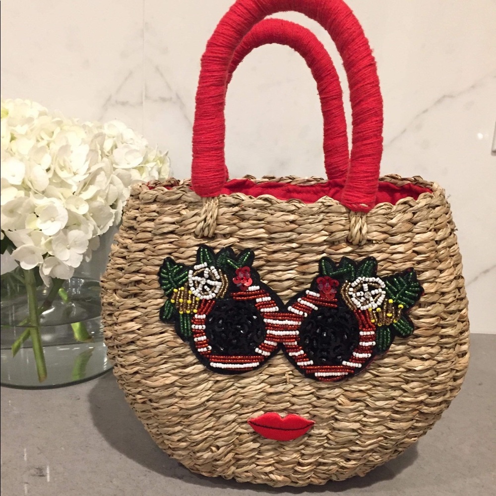 Red and Tan Mini Ratan Bag with Face